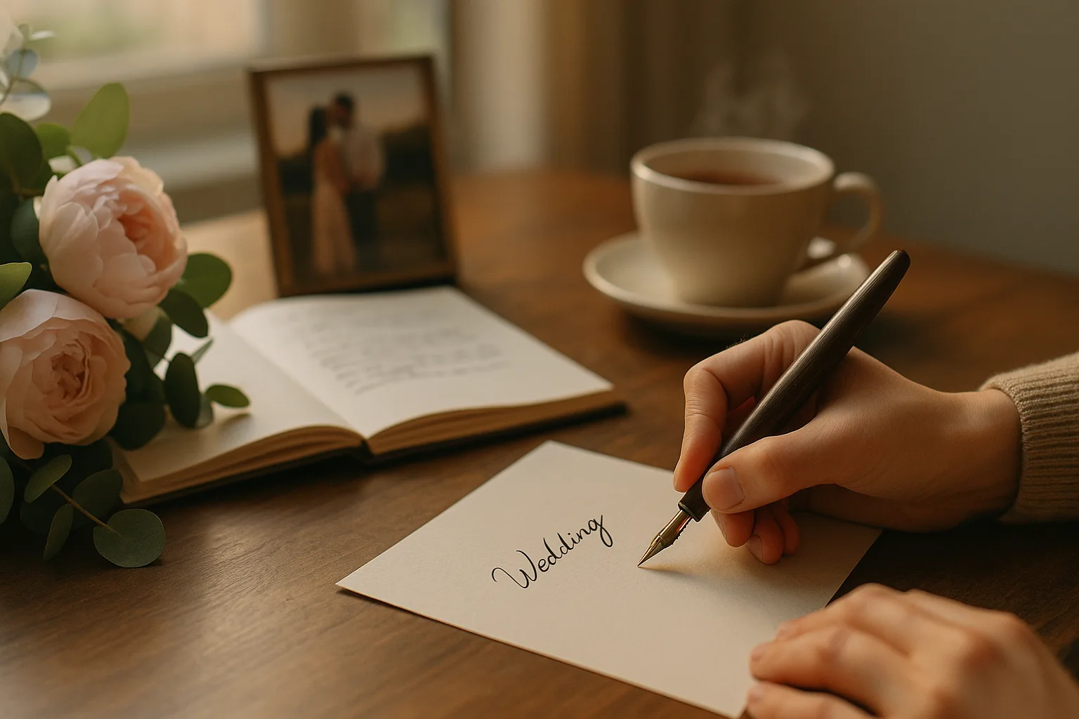 main ecrivant des voeux de mariage sur papier creme avec plume, bouquet de pivoines et tasse de the sur bureau en bois
