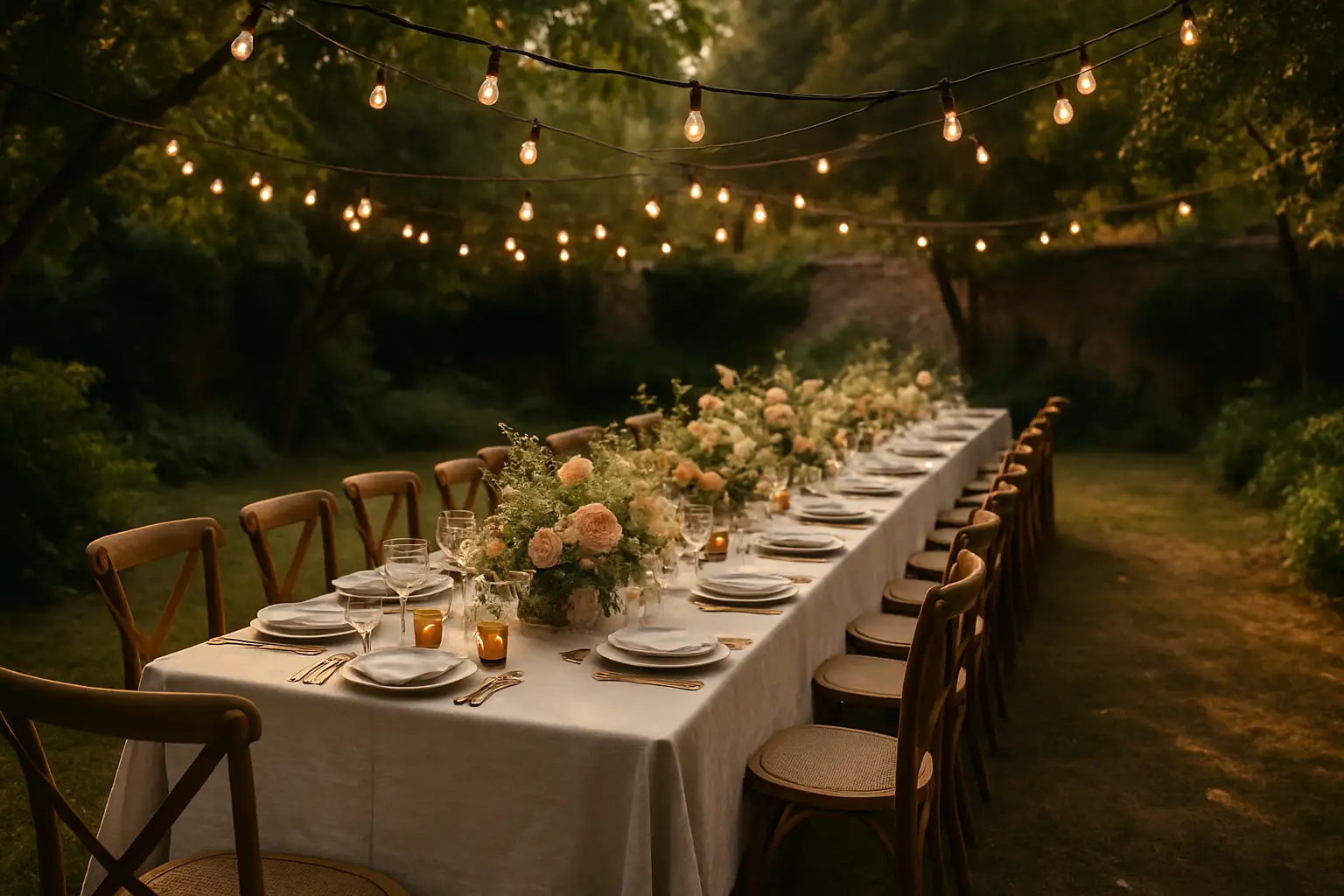 table mariage intime jardin guirlandes